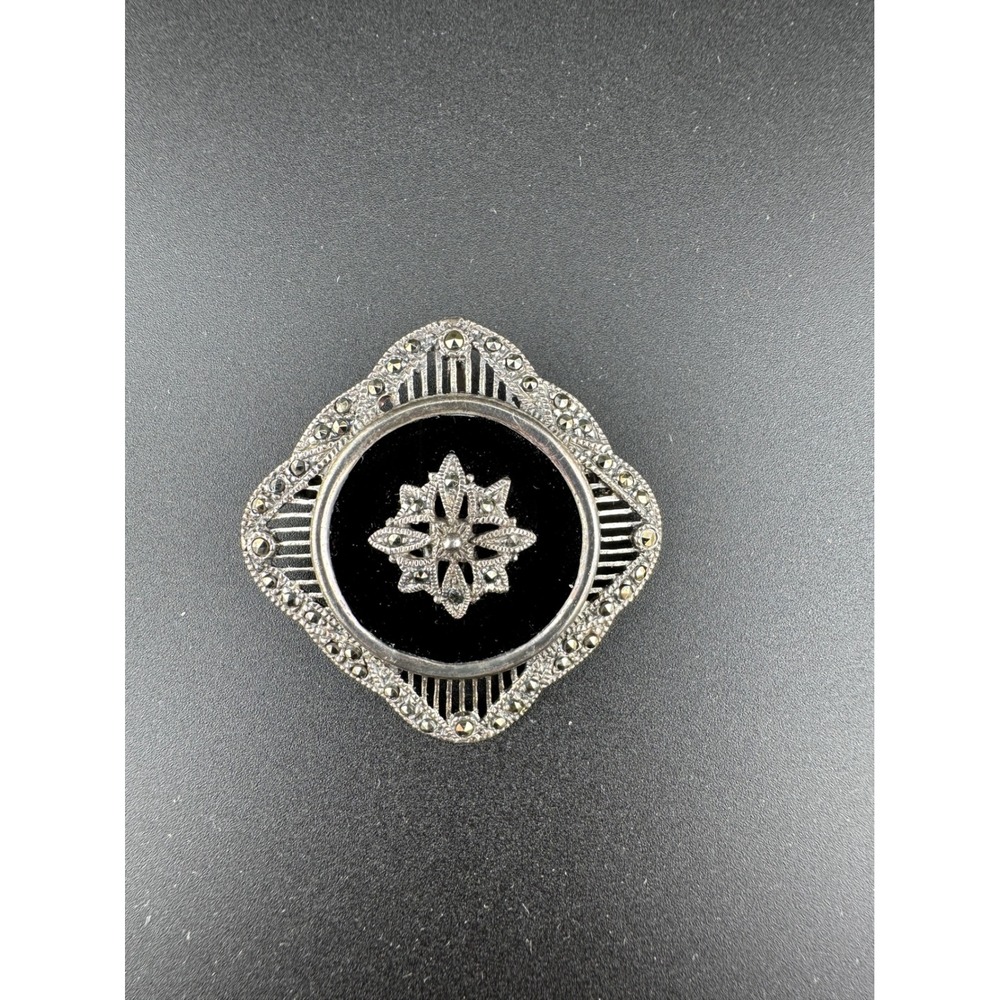 Judith Jack Sterling Silver Onyx Marcasite Brooch Pendant Art Deco Vintage Style